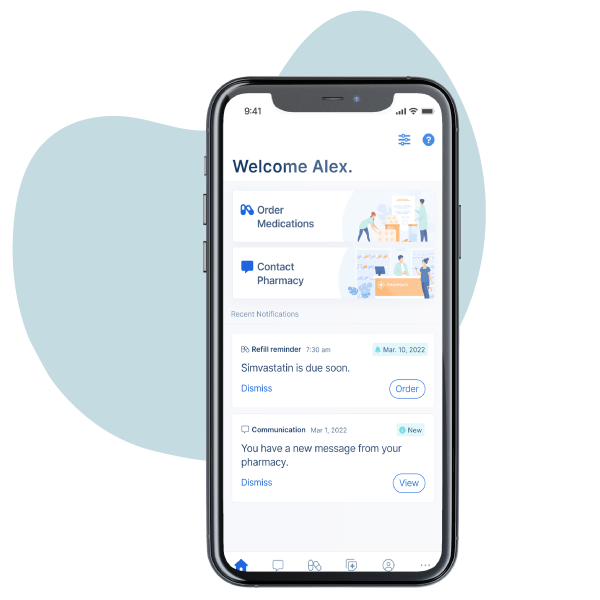 The BeWell app on a phone, showing prescription reminders and messages from the pharmacy